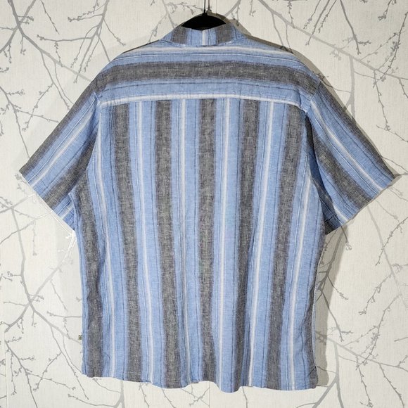 Solitude Blue Striped Linen Cotton Blend Button Front Shirt - Picture 2 of 3